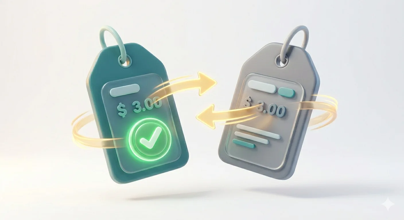 3D rendered illustration: two large floating price tags in teal and gray, connected by glowing comparison arrows. The teal tag has a lower price with a 3D checkmark badge. Smooth rounded shapes, soft volumetric lighting, realistic soft shadows, glass morphism elements. Clean white background. Consistent Pixar-like 3D render quality. No text.