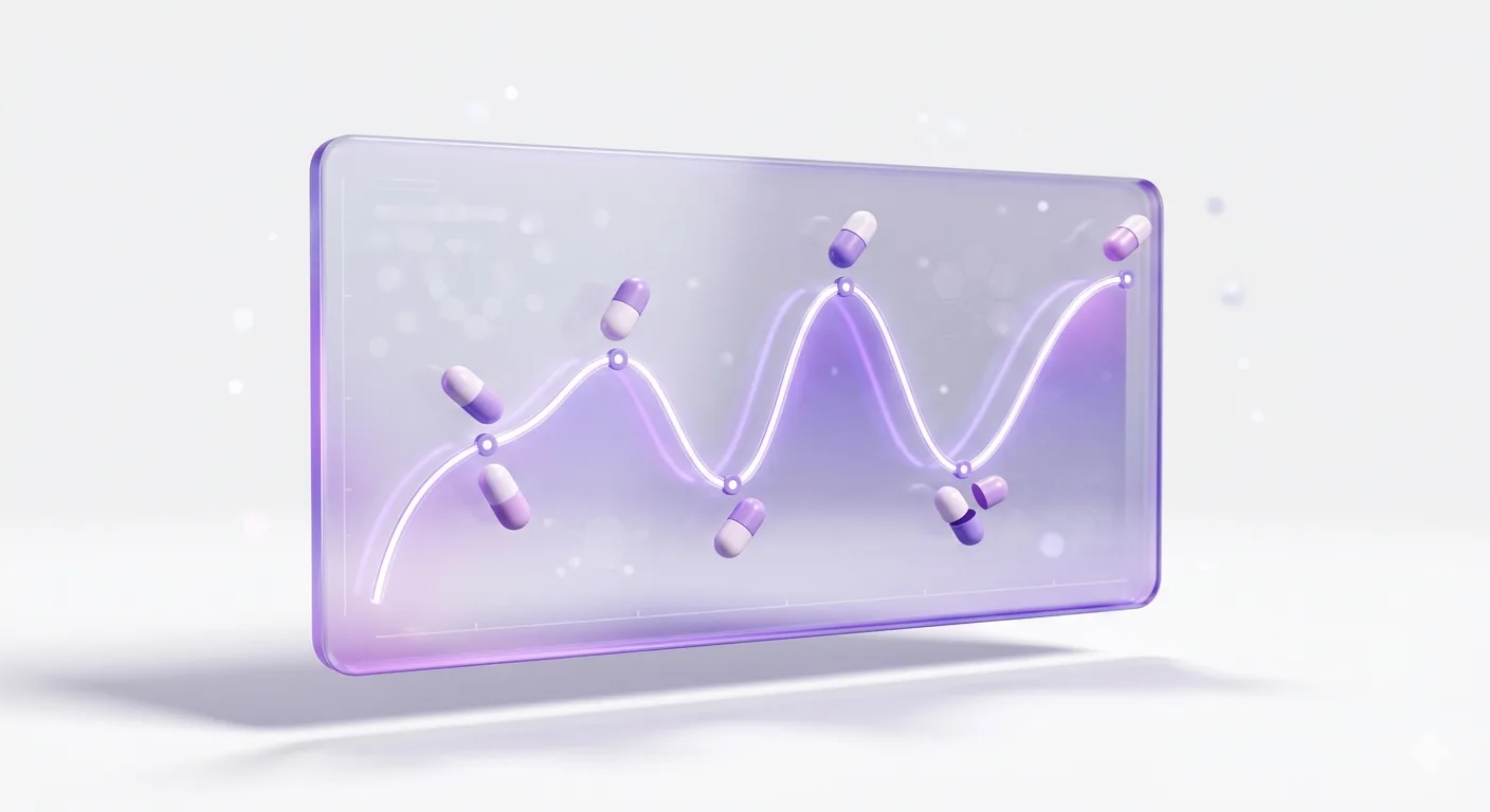 3D rendered illustration: a floating holographic analytics chart with a smooth glowing curve line, stylized 3D pharmaceutical capsules placed as data points along the line. The line shows ups and downs. Soft purple/violet gradient accents, volumetric lighting, realistic soft shadows. Clean white background. Consistent Pixar-like 3D render quality. No text.