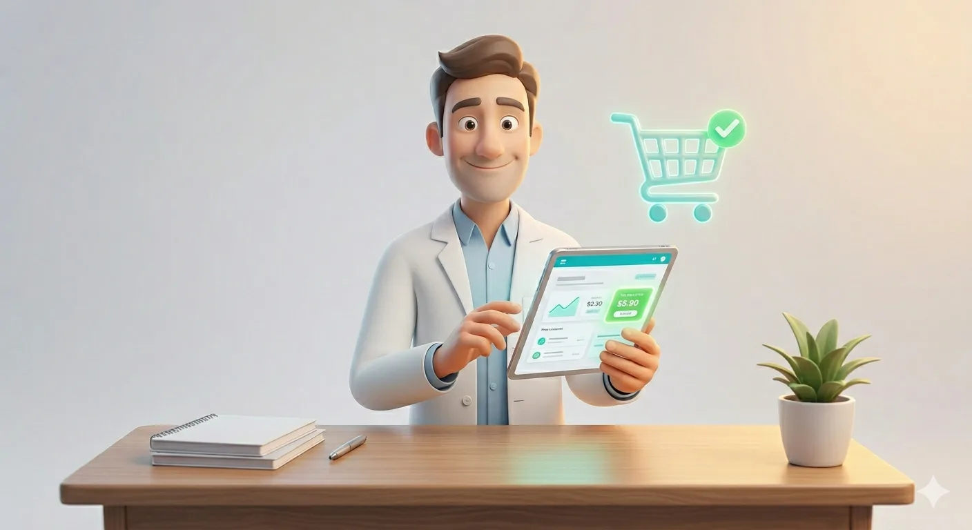 3D rendered illustration: a stylized 3D pharmacist character smiling, holding a tablet showing a clean dashboard with the best price highlighted in green. A 3D shopping cart icon with a checkmark floats nearby. Confident, empowering feel. Soft teal accents, volumetric lighting, realistic soft shadows, smooth rounded shapes. Clean white background. Consistent Pixar-like 3D character style. No text.